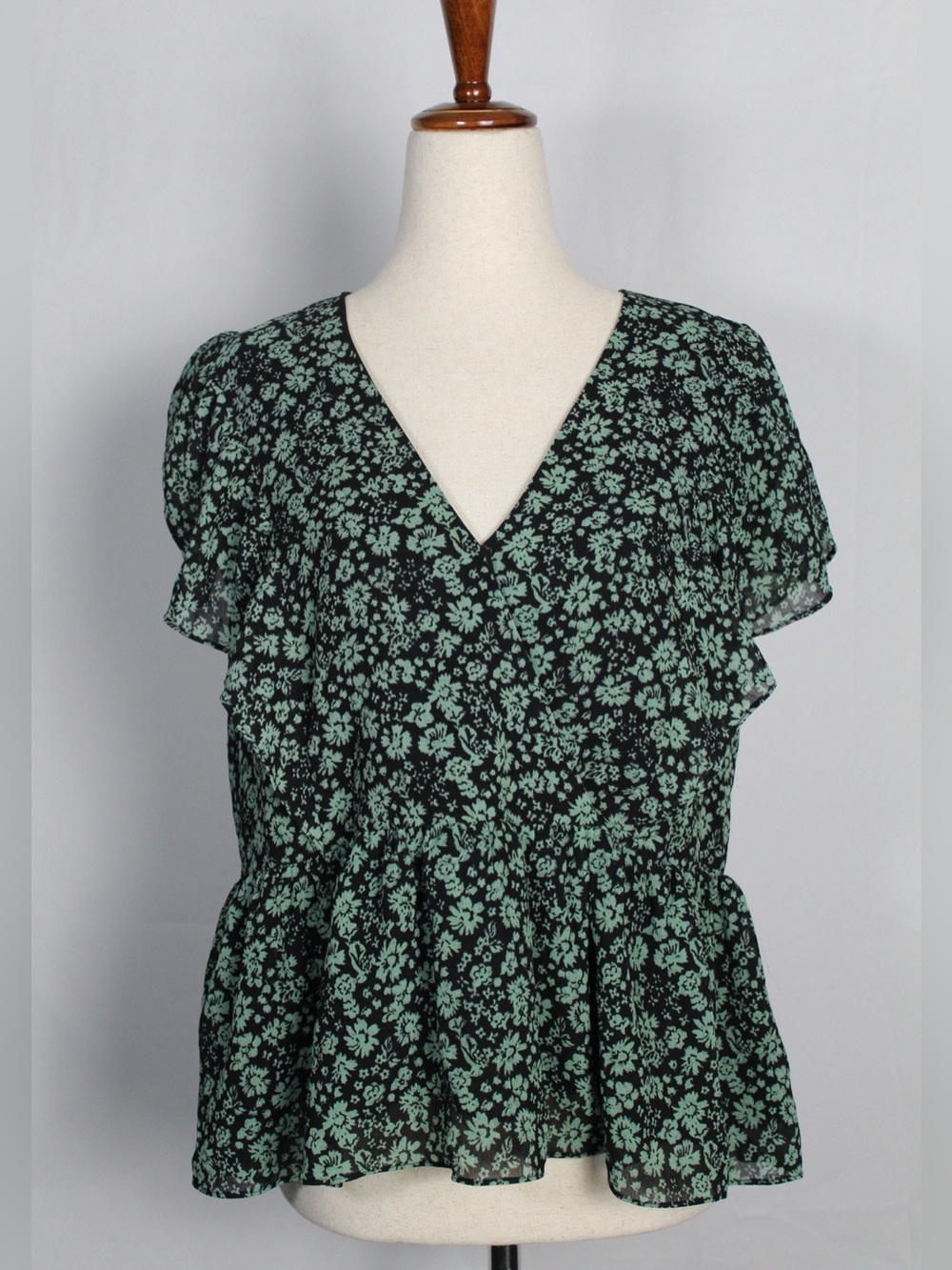 Madewell Black V-Neck Peplum Blouse with Mint Floral Print